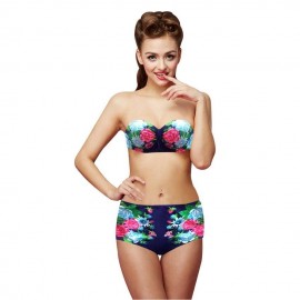 Woogoing WG81797sb Retro High Waist Floral Pattern Bikini Set Navy Blue - Envío Gratuito