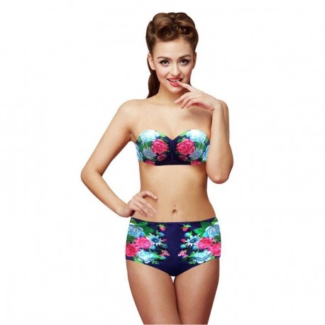 Woogoing WG81797sb Retro High Waist Floral Pattern Bikini Set Navy Blue - Envío Gratuito